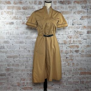 Vintage 80s Button Down Bodice Belted Short Sleeve A-Line Knee Length Midi Dress